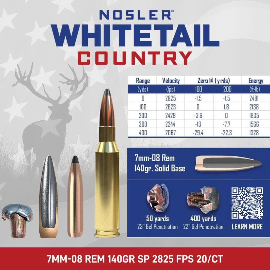 Nosler Whitetail Country Rifle Ammunition 7mm-08 Rem 140gr SP 2825 fps 20/ct