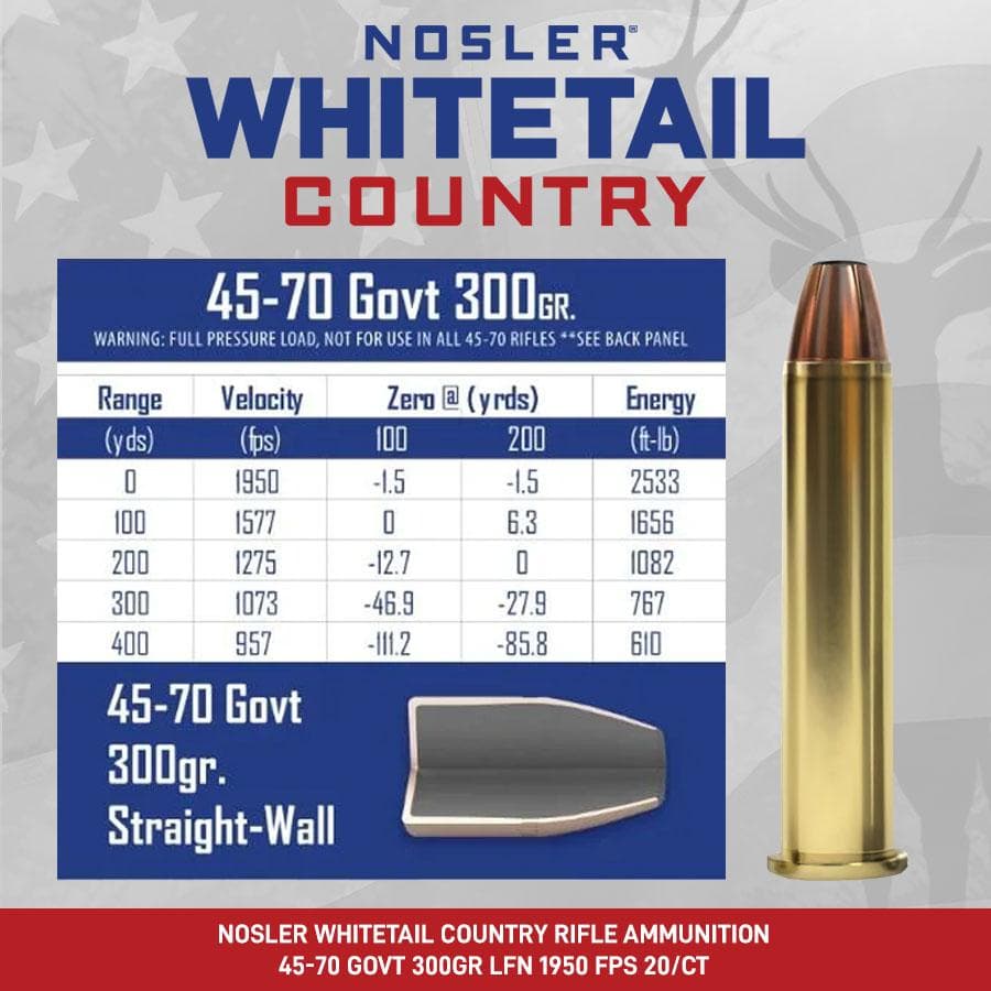 Nosler Whitetail Country Rifle Ammunition 45-70 Govt 300gr LFN 1950 fps 20/ct