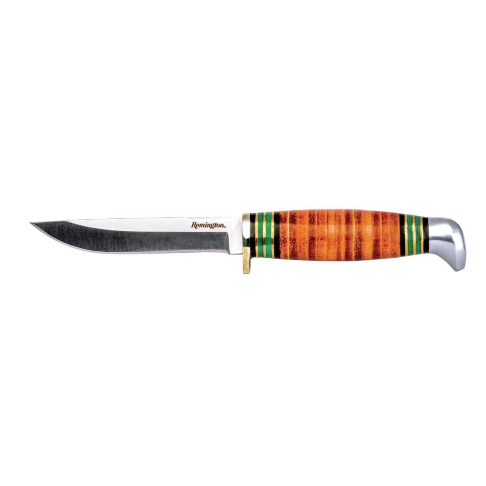 Remington Stacked Leather Piggy Back Knife Set Fixed Blade with Brown Leather Sheath
