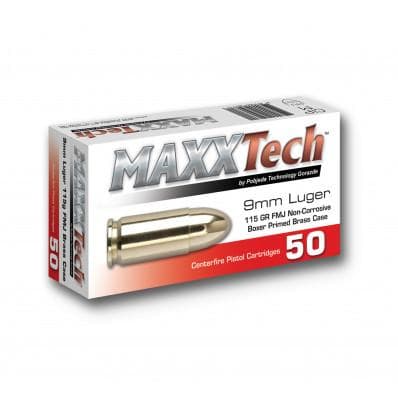 MaxxTech Handgun Ammunition 9mm Luger 115 gr FMJ 1150 fps 500/ct (10 Boxes 50/ct)