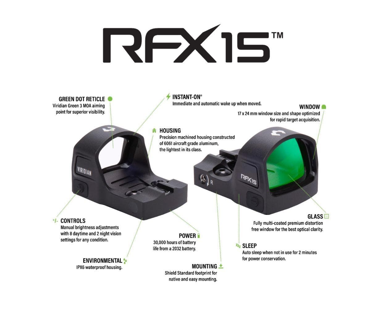 Viridian RFX15 1x17 Micro Green Dot Reflex Sight - SHIELD Mounting pattern INSTANT-ON