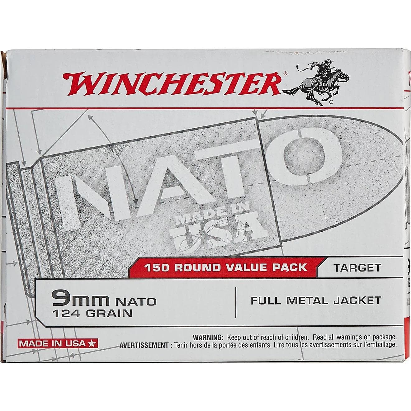 Winchester NATO Handgun Ammunition 9mm Luger 124 gr. FMJ 1140 fps 150/ct