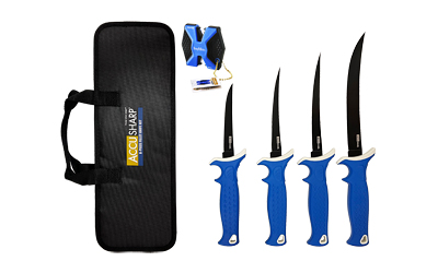 AccuSharp 6-Piece Fillet Knife Kit with Sharpener, Fixed Blade Knives, Blue Non-Slip Grip, Plain Edge, 4.75"-8" Stainless Steel Blades, Satin Finish