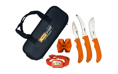 AccuSharp 6-Piece Game Processing Kit, Fixed Blade Knives, Orange Non-Slip Grip, Plain Edge, Stainless Steel Blades, Includes Nylon Carry Case