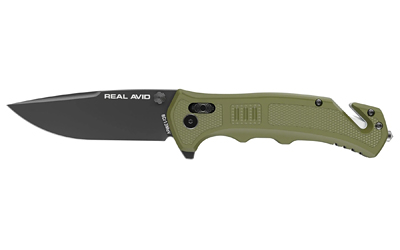 Real Avid RAV-4, Folding Knife, Plain Edge, Matte Finish, Black and Green, Glass Filled Nylon Handle, 3.25" Blade Length, 7.75" Overall Length