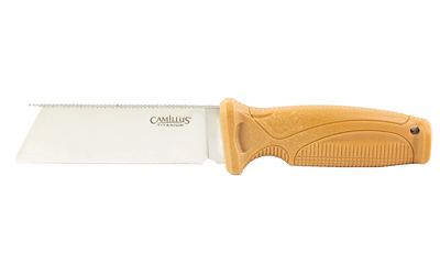 Camillus Swedge, Fixed Blade Knife, Plain Edge, Tan ABS Handle, Satin Finish, Silver, Chisel Point, 4.3" Blade Length, 8.5" Overall Length
