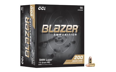 CCI Ammunition Blazer Brass, 9MM, 115 Grain, Full Metal Jacket, 200 Round Tray