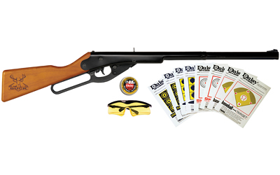 Daisy Buck 105 Kit, Lever Action Air Rifle, .177 BB, 350FPS, Wood Stock, Matte Finish, Black, Includes Safety Glasses, Targets and Tin of 750 BB's