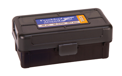 Frankford Arsenal Hinge-Top Ammo Box, 503, 50 Rounds, Fits 38 Special, 357 Magnum and 38 Super, Smoke Gray, Plastic