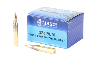 ADI World Class Ammunition Match, Sierra HPBT MatchKing, 223 Remington, 69 Grain, Brass Cased, 20 Round Box