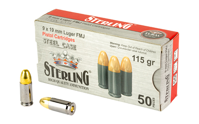 Sterling Steel Case, 9MM, 115 Grain, Full Metal Jacket, 50 Round Box