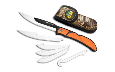 Outdoor Edge Razorwork, Folding Knife, Plain Edge, Black Oxide Finish, 420J2 Stainless Steel, Orange Handle, Includes (2) Boning/Filet Knives