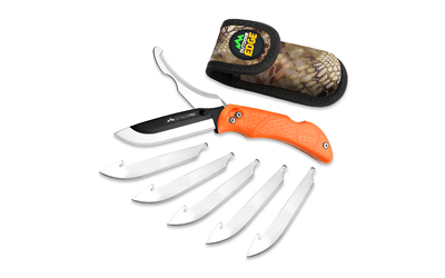 Outdoor Edge Razor Pro, Folding Knife, Plain Edge, 3.5" Blades, 420J2 Stainless Steel, Orange Handle, Includes (6) Drop Point Blades and Gut Blade